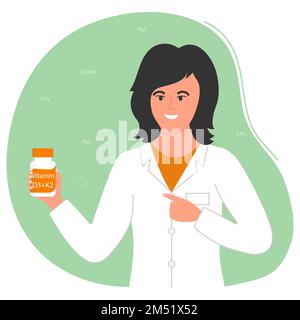 Illustrazione del vettore Nutrizionista contiene una bottiglia di vitamina D e raccomanda di prenderla il medico parla dei benefici delle vitamine essenziali e dei minerali per Illustrazione Vettoriale