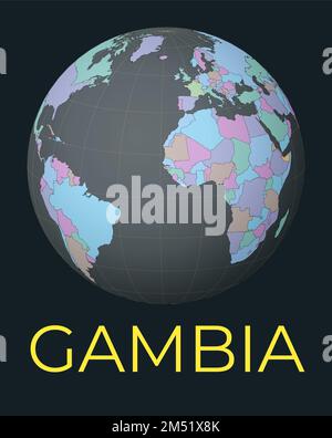 Mappa del mondo incentrata sul Gambia. Paese evidenziato in rosso. Visione satellitare del mondo incentrata sul paese con il nome. Illustrazione vettoriale. Illustrazione Vettoriale