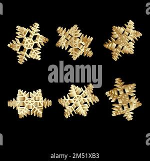 Set di fiocchi di neve decorativi in oro metallico. Elementi decorativi festosi. Oggetto isolato 3D su sfondo nero. Illustrazione Vettoriale