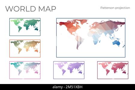 Mappa mondo Poly bassa impostata. Proiezione cilindrica Patterson. Collezione di mappe del mondo in stile geometrico. Illustrazione vettoriale. Illustrazione Vettoriale