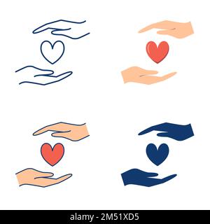 L'icona dell'amore che si prende cura è in stile piatto e di linea. Simbolo del cuore che dà la mano. Concetto di donazione, carità e amore. Illustrazione vettoriale Illustrazione Vettoriale