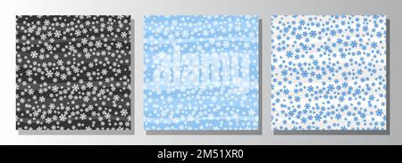 Vector Snow Patterns senza cuciture, set di tre sfondi ripetuti con illustrazione di caduta di neve su 3 diversi sfondo astratto, inverno neve weat Illustrazione Vettoriale
