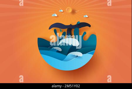 Coda balena sul mare vista sole tramonto cielo con cerchio concetto, estate stagione, Ocean onda su cielo blu.Graphic design Seaside paesaggio, carta cra Illustrazione Vettoriale