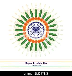 Illustrazione vettoriale di Happy Republic Day Square Poster. Chakra di Ashoka, fiore di Marigold, foglie di mango e decorazione di mandala. Concetto creativo unico Illustrazione Vettoriale