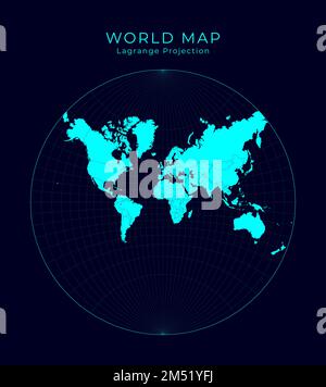 Mappa del mondo. Proiezione conforme di Lagrange. Illustrazione futuristica del mondo infografica. Colori ciano chiari su sfondo scuro. Potente vettore ill Illustrazione Vettoriale