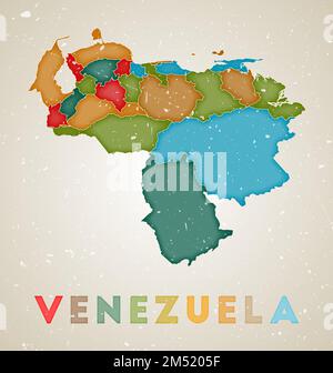 Mappa del Venezuela. Poster del paese con aree colorate. Vecchio grunge texture. Illustrazione vettoriale del Venezuela con nome del paese. Illustrazione Vettoriale