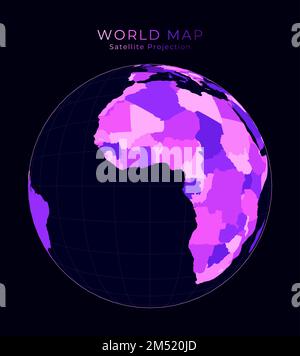 Mappa del mondo. Proiezione satellitare (prospettiva inclinata). Illustrazione digitale del mondo. Colori al neon rosa brillante su sfondo scuro. Incredibile illustrazione vettoriale Illustrazione Vettoriale