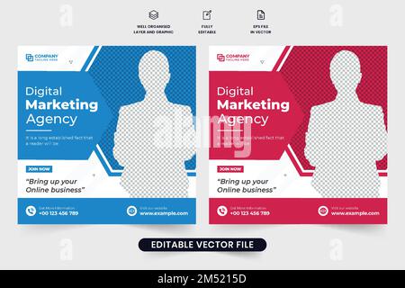 Business ADVISOR e agenzia di marketing promozionale banner web design con forme geometriche. Digital Marketing social media post vettore con blu e re Illustrazione Vettoriale