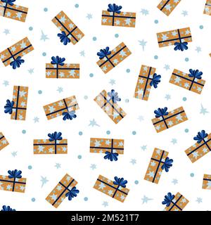 Scatole regalo, nastro, archi, stelle, polka punto senza cuciture modello rosso e bianco vettore illustrazione, buon Natale felice anno nuovo festivo tradizionale inverno festa ornamento per la casa decorazione, carta da imballaggio Illustrazione Vettoriale