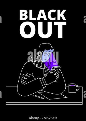 Poster con un uomo che guarda uno smartphone sul tema di Blackout. Illustrazione vettoriale Illustrazione Vettoriale