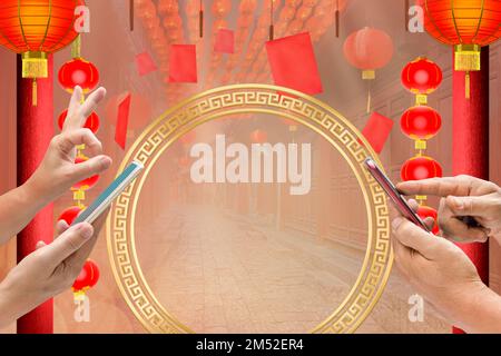 L'hongbao digitale nel nuovo anno cinese. distribuire denaro alla famiglia. Rendering 3D, Foto Stock