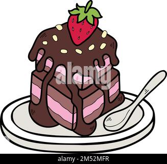 Torta al cioccolato disegnata a mano con illustrazione delle fragole isolata sullo sfondo Illustrazione Vettoriale