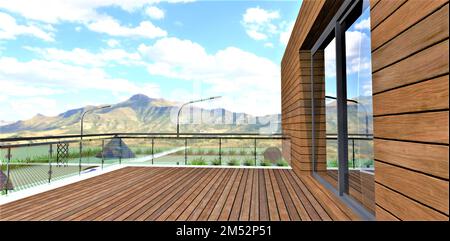 Elegante design del balcone. Pavimenti e pareti in legno. Recinzione di vetro. Panorama mozzafiato delle montagne. rendering 3d. Foto Stock