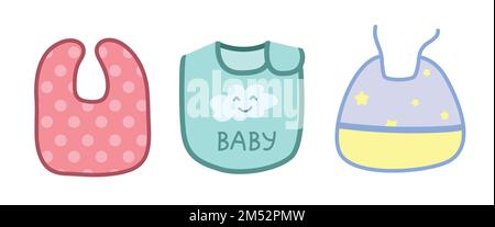 Set vettoriale di cute bambino bib clipart. Semplici pettini cute per l'alimentazione del bambino vettore piatto. Grembiule bambino o bib con diversi disegni cartoni animati Illustrazione Vettoriale