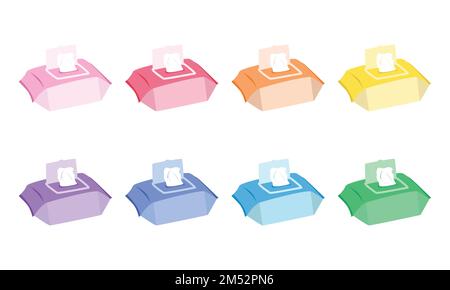 Set vettoriale di salviette multicolore per bambini clipart. Semplice cute baby wipes piatto vettore illustrazione. Salviette bagnate in plastica stile cartone animato Illustrazione Vettoriale