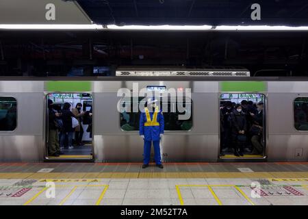 Un vecchio uomo giapponese che lavora come guardia di sicurezza sulla piattaforma della Stazione di Shibuya di fronte ad un treno della linea JR Yamanote, Tokyo, Giappone. Foto Stock