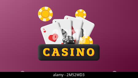 Casino banner etichetta 3D con carte aces, chip e dadi, rendere la composizione Illustrazione Vettoriale