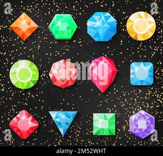 Pietre preziose, isolate su fondo dorato. Illustrazione vettoriale di pietre preziose, diamanti, diamanti, rubino, gioielli smeraldo e altri gioielli per Illustrazione Vettoriale