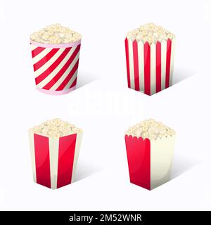 Popcorn set collezione in diversi pacchetti snack strisce scatole quando si guarda film. Illustrazione vettoriale dell'icona fast food per il confine del progetto. Illustrazione Vettoriale