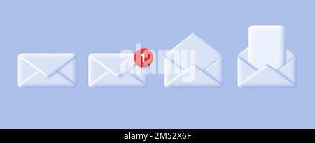 Set di 3D buste bianche per posta, aperte con documento e chiuse con notifica con punto rosso Illustrazione Vettoriale