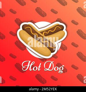 Hot dog emblema isolato logo in stile cartone animato per i vostri prodotti icona Vector Illustrazione. Fast food con simbolo di salsiccia e spuntino con senape per i professionisti Illustrazione Vettoriale