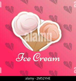 Il gelato è isolato in una tazza di waffle nello stile di una pellicola con logo cartoon per l'illustrazione Vector del tuo prodotto. Etichetta, latte, delizioso dessert Illustrazione Vettoriale