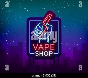 Cartello al neon Vape shop, cartellone. Illustrazione vettoriale. Neon segno, un banner luminoso notte che vende sigarette elettroniche, notte addensante vape negozio. Illustrazione Vettoriale