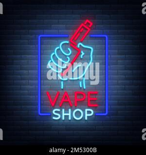 Vape Shop neon icona, logo isolato Vector illustrazione. Neon segno, un banner luminoso notte che vende sigarette elettroniche. Illustrazione Vettoriale