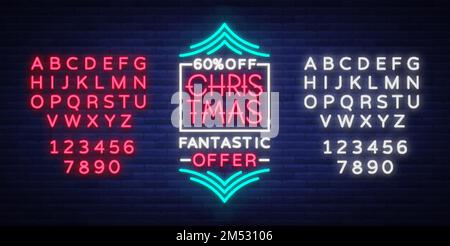 Vendita di Natale poster banner pubblicitario in stile neon isolato vettore illustrazione. Segno luminoso del neon, notte brillante pubblicità vendere-fuori per Christma Illustrazione Vettoriale