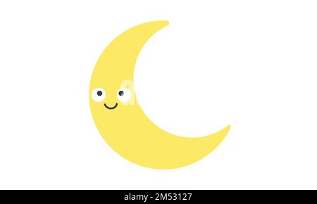 Luna di Crescent con Clipart di viso kawaii. Semplice carino giallo sorridente luna mezzaluna piatta illustrazione vettore. Cartoon personaggio luna crescente felice Illustrazione Vettoriale