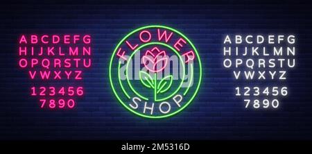 Logo flower shop, insegna al neon. Illustrazione vettoriale sul tema della vendita di fiori. Banner al neon, vivace pubblicità di fiori, cartello notturno. Modifica del testo Illustrazione Vettoriale