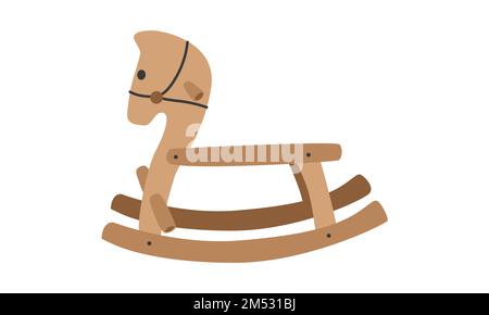 Bambini scogliera di legno. Carino cavallo a dondolo marrone per bambino, bambini, bambini piatto vettore illustrazione. Cartone animato con sedia a dondolo a cavallo in legno Illustrazione Vettoriale