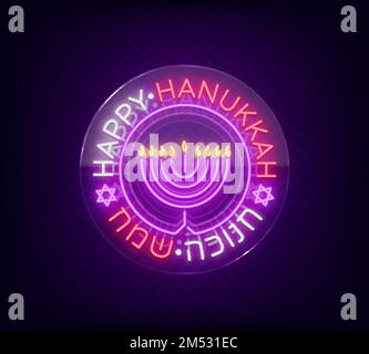 Sfondo vettoriale di Chanukah con menorah e stella di David. Neon segno felice di Hanukkah. Un elegante biglietto d'auguri, un simbolo di Hanukkah, un templat Illustrazione Vettoriale