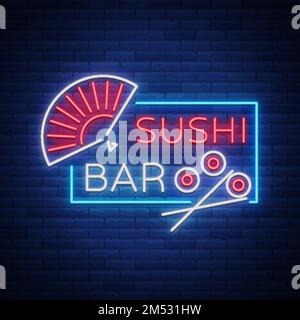 Vector neon logo Sushi bar, strada asiatica fast-food in un bar o negozio, sushi, Onigiri con un rotolo di salmone con bastoncini di chopsticks, isolato. Notte Sashis br Illustrazione Vettoriale