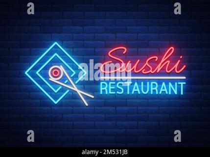 Vector neon logo Sushi bar, strada asiatica fast-food in un bar o negozio, sushi, Onigiri con un rotolo di salmone con bastoncini di chopsticks, isolato. Notte Sashis br Illustrazione Vettoriale