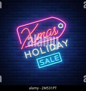 Vendite di Natale, segno neon, pubblicità luminoso sconti festive. Vendita di biglietti per il nuovo anno, banner leggero. Sconti invernali di Natale, volantino per il tuo progetto Illustrazione Vettoriale