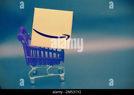Firenze, Italia Dicembre 23rd 2022 , Amazon shopping online, illustrazione con il famoso logo su una scatola in un carrello blu. Amazon.com, Inc Amer Foto Stock