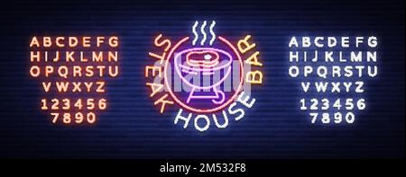 Steak House con logo Vector. Segno al neon, simbolo, luminoso barbecue pubblicitario, grill, carne arrosto, grill bar, ristorante. Banner al neon luminoso, billbo luminoso Illustrazione Vettoriale