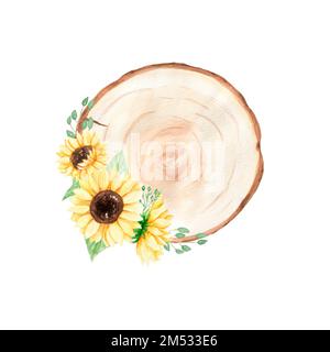 Acquerello Sunflower clipart, legno fetta, Girasoli Bouquet Illustrazione, Wreath matrimonio, Floral clipart Foto Stock