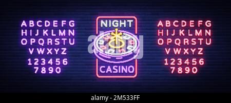 Logo del casinò notturno in stile neon. Roulette Neon segno, banner luminoso, cartellone notturno, pubblicità luminosa di casinò, macchine da gioco e gioco d'azzardo. Illustrazione Vettoriale