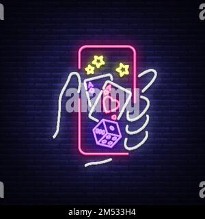 Casinò online è un segno neon. Logo simbolo in stile neon svityaschyya brillante banner notte affissioni, luminoso neon poker, casinò per il tuo proj Illustrazione Vettoriale