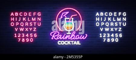 Logo cocktail in stile neon. Cocktail Rainbow. Insegna al neon, modello di design per bevande alcoliche. Banner luminoso, pubblicità luminosa per cocktail bar, pennsylvania Illustrazione Vettoriale