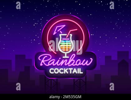 Logo cocktail in stile neon. Cocktail Rainbow. Insegna al neon, modello di design per bevande, bevande alcoliche. Banner luminoso, pubblicità luminosa a luce notturna Illustrazione Vettoriale