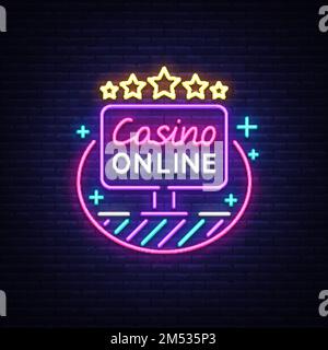 Vettore di segno neon di Casino online. Logo in stile neon, simbolo del gioco d'azzardo, banner luminoso, pubblicità notturna al neon per casinò, gioco d'azzardo. Modello di progettazione Illustrazione Vettoriale