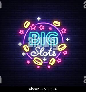 Grande segno neon slot. Modello di design in stile neon. Slot Machines Light Logo Symbol, Jackpot vincente, Banner Web luminoso, pubblicità Night Casino. V Illustrazione Vettoriale