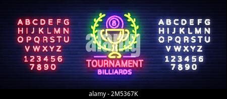 Biliardo stile neon con logo Tournament. Modello di disegno del segno del neon per il randello della billiard, il bar, il banner leggero, la pubblicità del neon di notte, l'elemento di disegno, F brillante Illustrazione Vettoriale