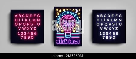 Neon volantino del parco divertimenti. Insegna al neon del parco divertimenti con poster a palloncino, modello tipografico, pubblicità notturna per il parco divertimenti, attrazioni Illustrazione Vettoriale