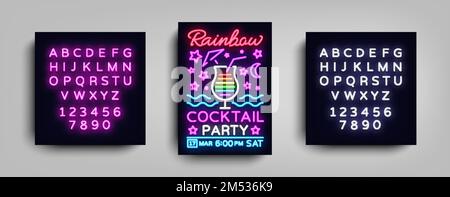 Modello vettoriale poster per cocktail party. Rainbow cocktail Party, Poster Neon, Neon Sign, Light Banner, Bright Invitation to Party or Dance, Tipografia, Illustrazione Vettoriale