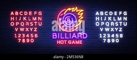 Biliardo al neon segno. Biliardo Hot game logo in stile neon, banner leggero, modello di design emblema notte biliardo, brillante vita notturna pubblicità, design Illustrazione Vettoriale