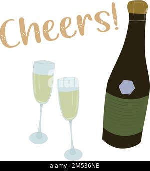Acclamate una bottiglia di champagne e due bicchieri Illustrazione Vettoriale